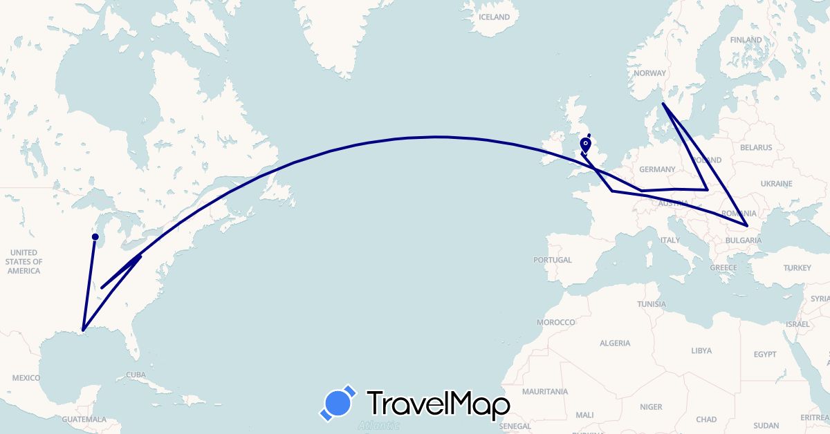 TravelMap itinerary: driving in France, United Kingdom, Romania, Sweden, Slovakia, United States (Europe, North America)